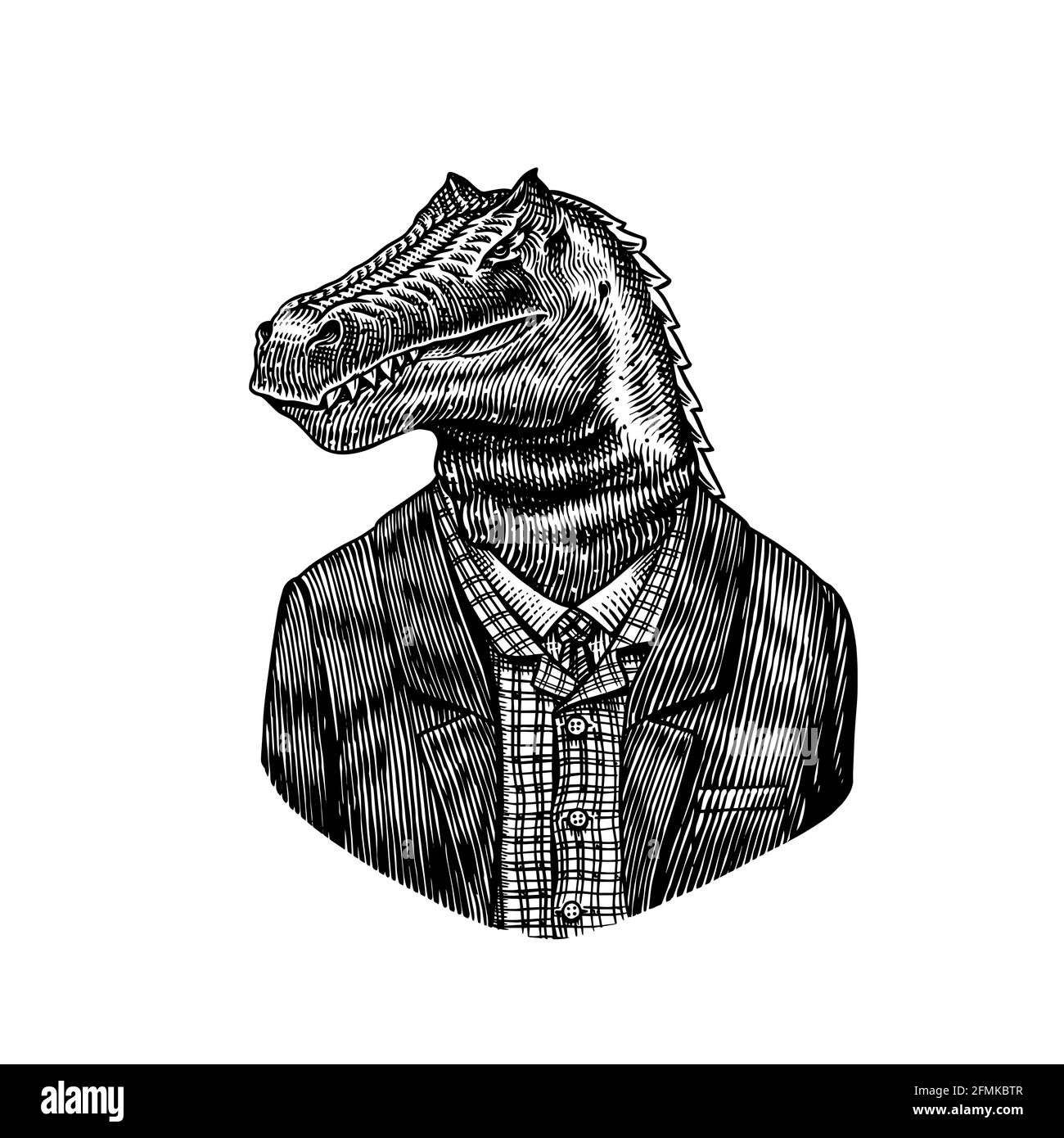 Dinosaur character in coat. Allosaurus tyrex gentleman. Fashionable animal, vitorian gentleman in a jacket. Hand drawn Engraved old monochrome sketch Stock Vector