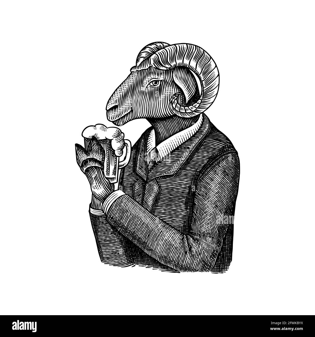 Sheep character. Ovis or mutton with beer. Fashionable animal, vitorian gentleman in a jacket. Hand drawn Engraved old monochrome sketch. Vector Stock Vector