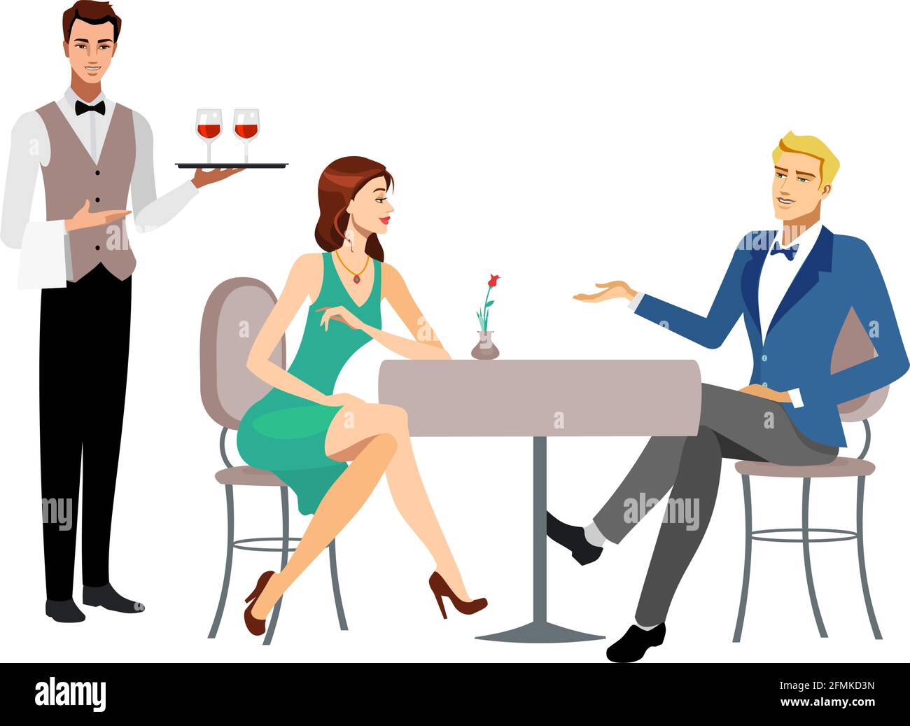 Vector illustration of a couple and waitress celebrating special day in restaurant. Stock Vector