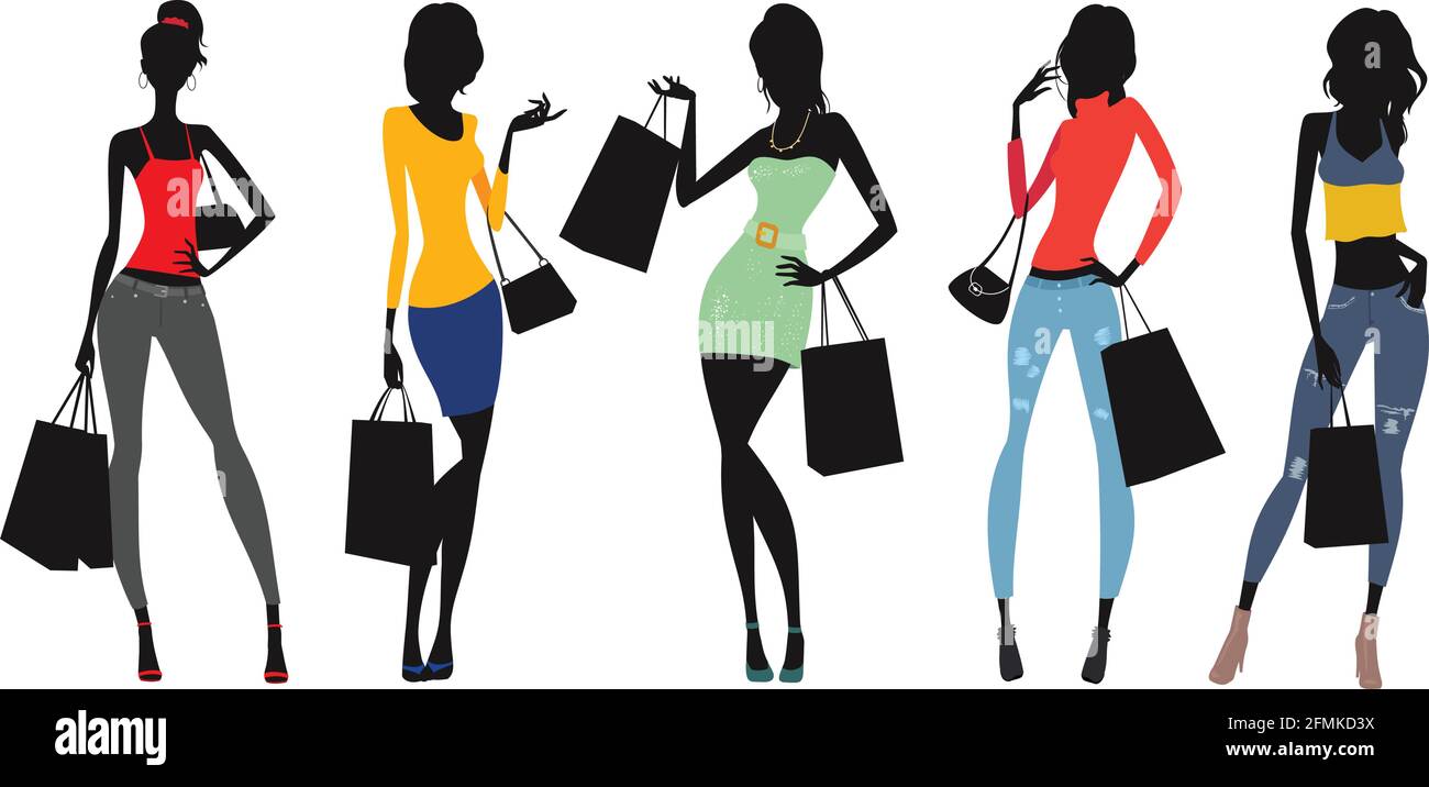 Glamorous ladies and shopping bags in modern outfits. The girls are shopping. Stock Vector