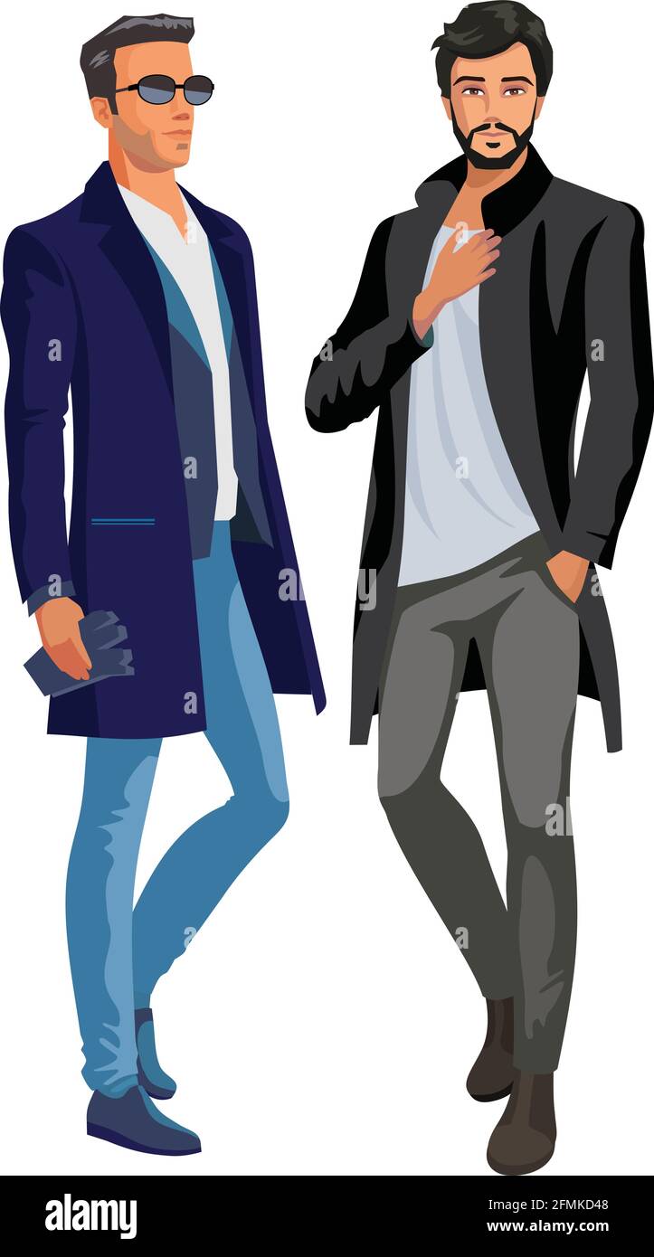 male fashion male models in winter clothes. Isolated vector illustration. Stock Vector
