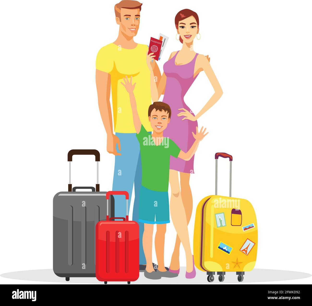 The family enjoying the holiday poses standing with their luggage