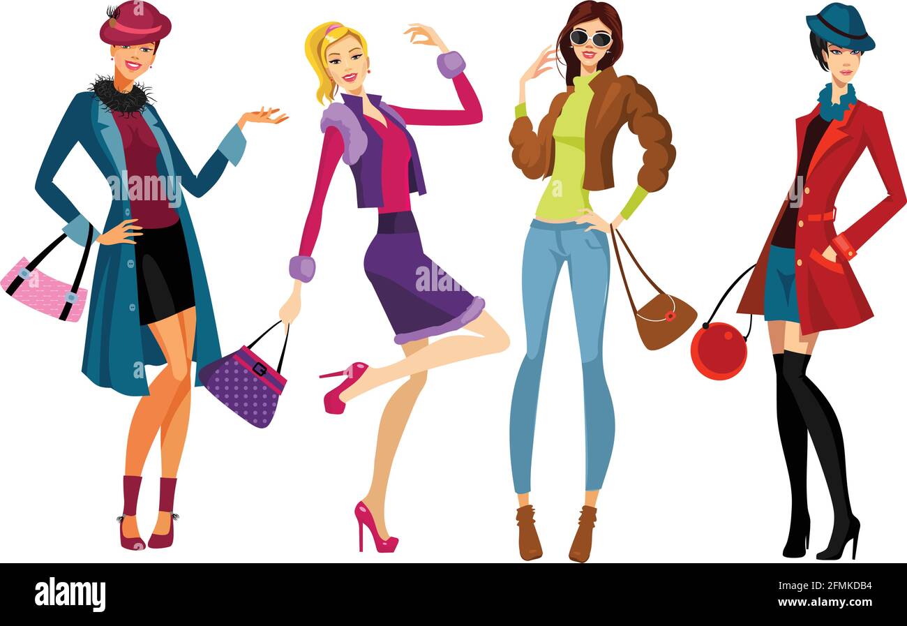 Attractive ladies in winter clothes and bags. Woman dress fashion trend dresses vector illustration. Stock Vector