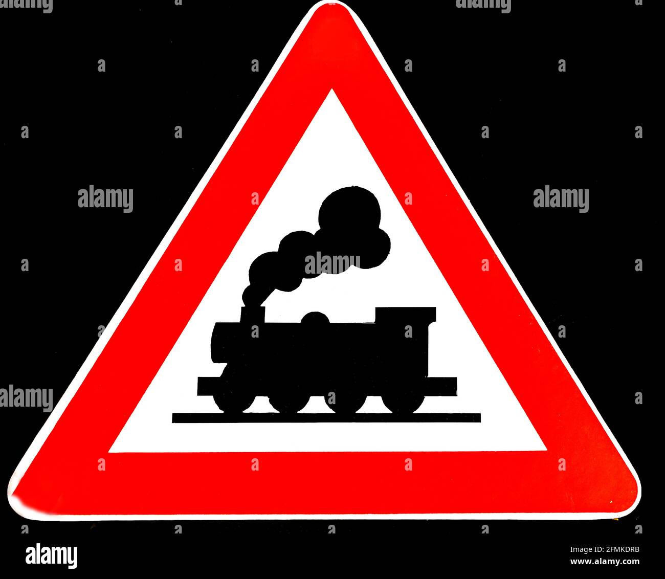 traffic sign with locomotive - railway crossing without gates; verkehrszeichen mit lokomotive - unbeschrankter Bahnübergang Stock Photo