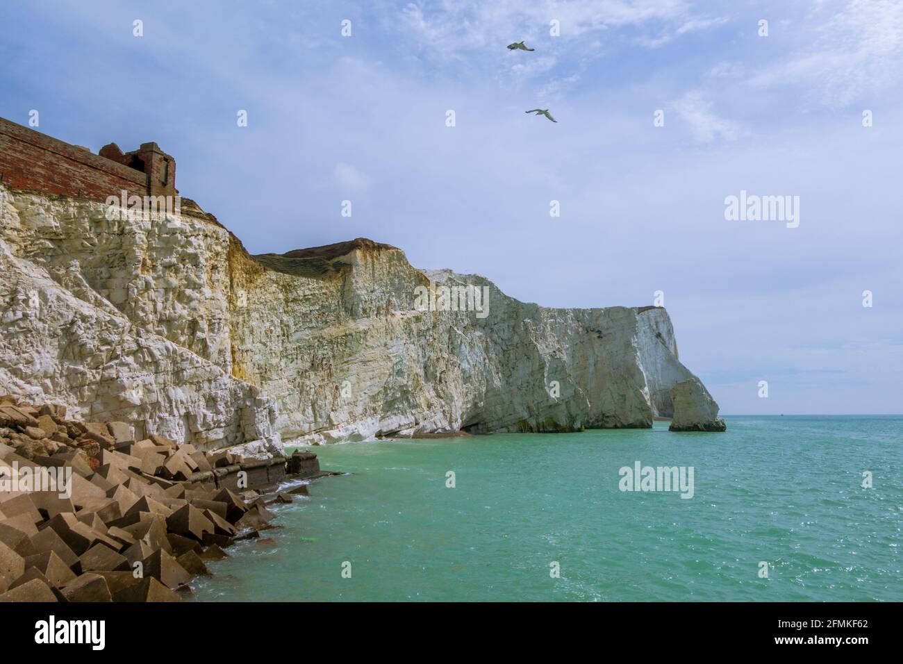 The chalk cliff face of Seaford Head in Seaford, Sussex UK an area that is susceptible to erosion and landslide. Stock Photo