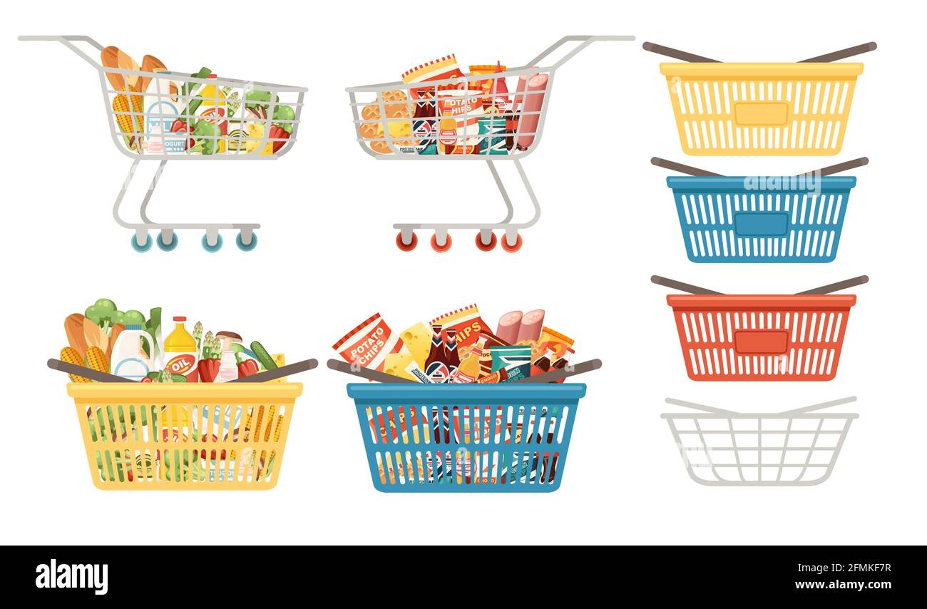 Set of shopping carts and baskets with foods vector illustration