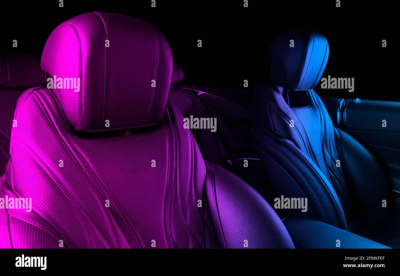 Modern Luxury car inside. Interior of prestige modern car in blue and