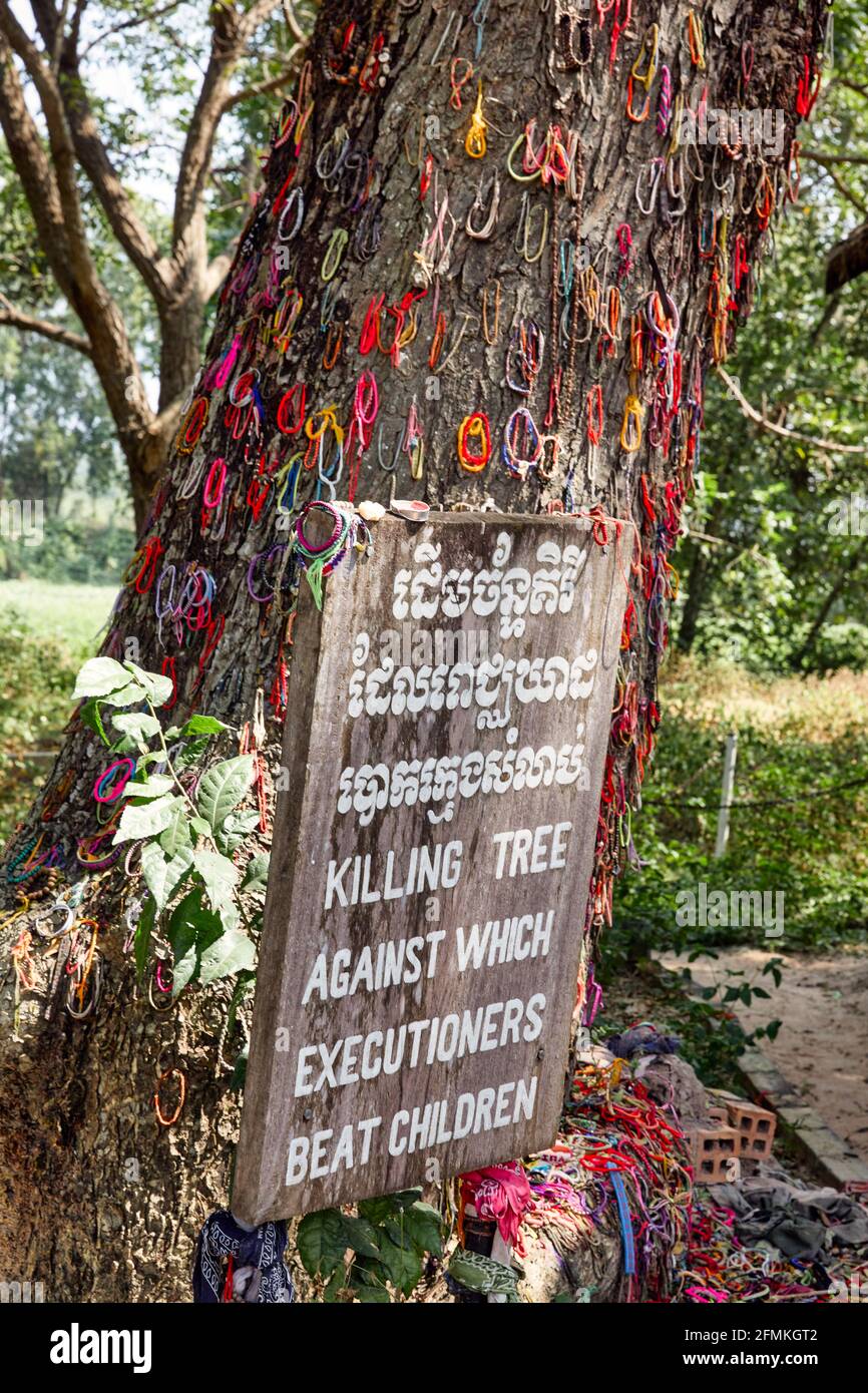 Choeung Ek Killing Fields in Phnom Penh Cambodia. Killing tree against which executioners beated children Stock Photo