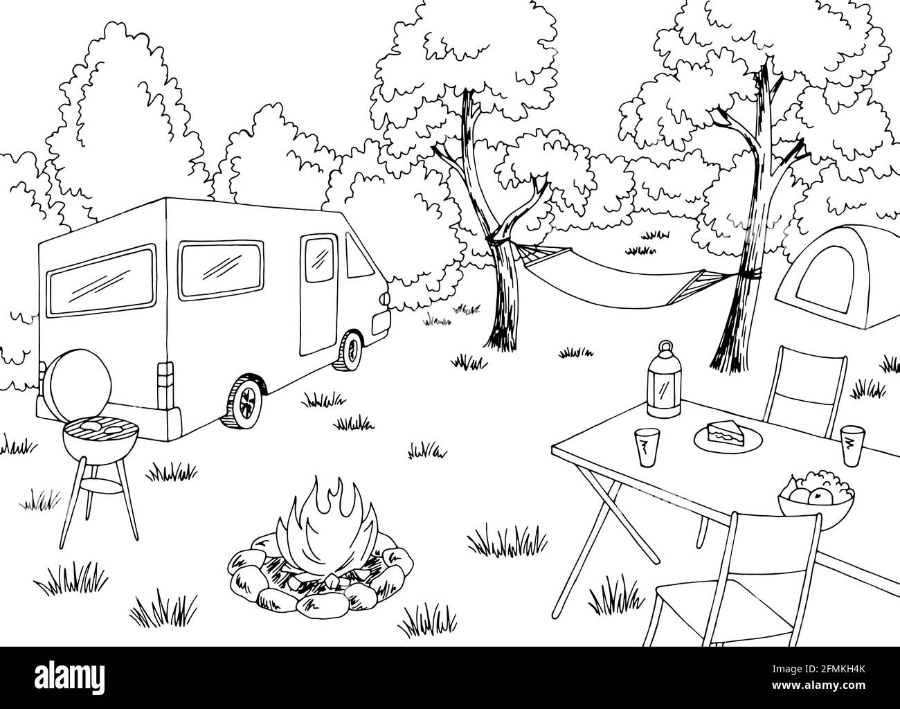 Camping graphic black white mountain landscape sketch illustration vector Stock Vector