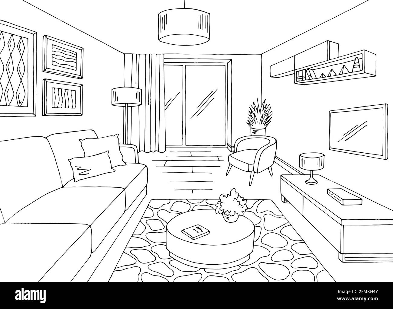 Living room graphic black white home interior sketch illustration vector Stock Vector