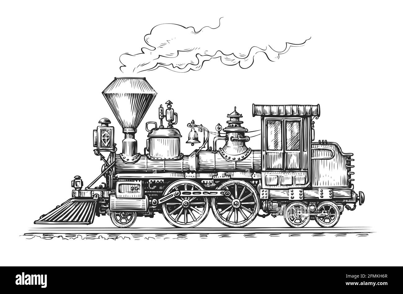 Retro steam locomotive transport sketch. Hand drawn train vintage vector illustration Stock Vector