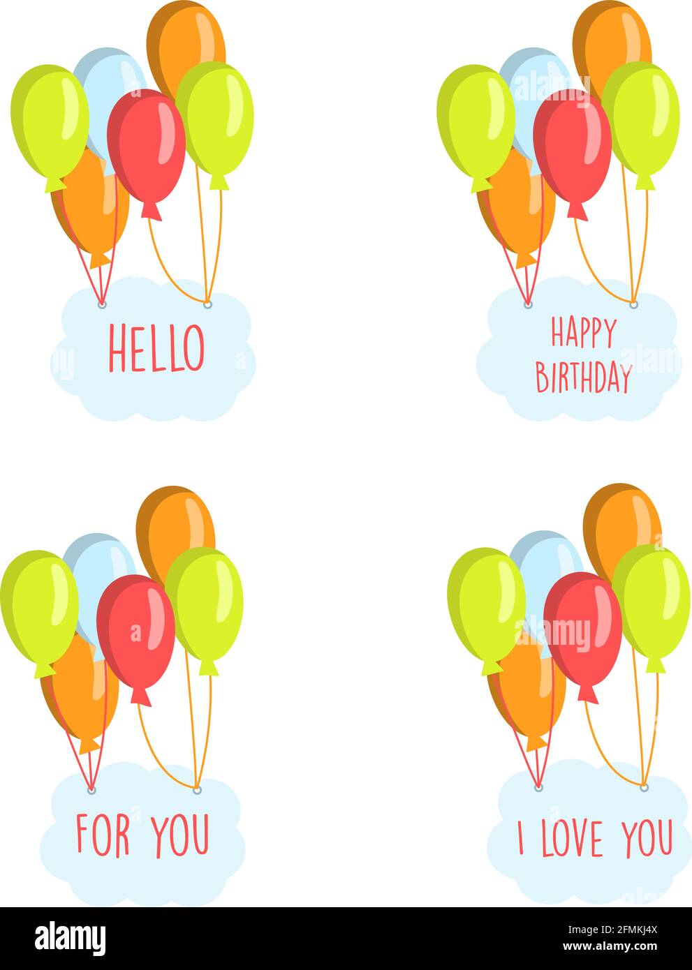 Balloons with a poster and inscriptions Happy birthday, Hello, I love you, for you, on a white isolated background. Cartoon. Vector flat illustration Stock Vector