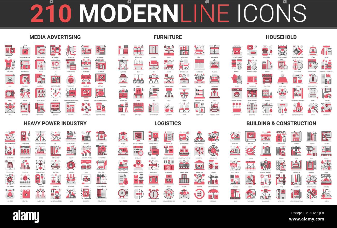 Home furniture, household, building construction thin red black line icon vector illustration set. Outline symbols collection of media advertising, heavy industry manufacture production and logistics Stock Vector