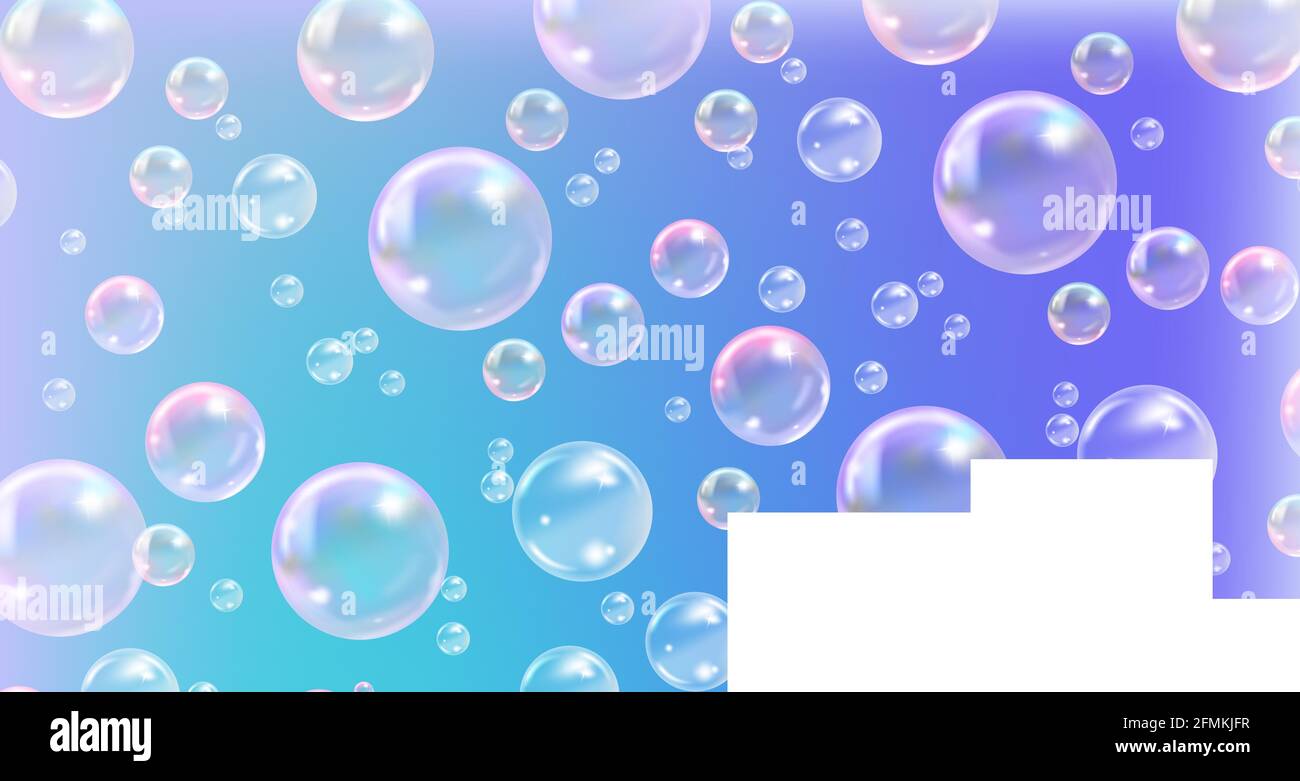 Flying transparent soap bubbles on a colored background. Stock Vector