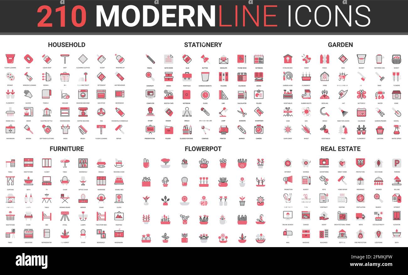 Household garden work tools, office home stationery and furniture, real  estate thin red black line icon vector illustration set. Outline symbols  for gardening, flower plant pot, clean home collection Stock Vector Image