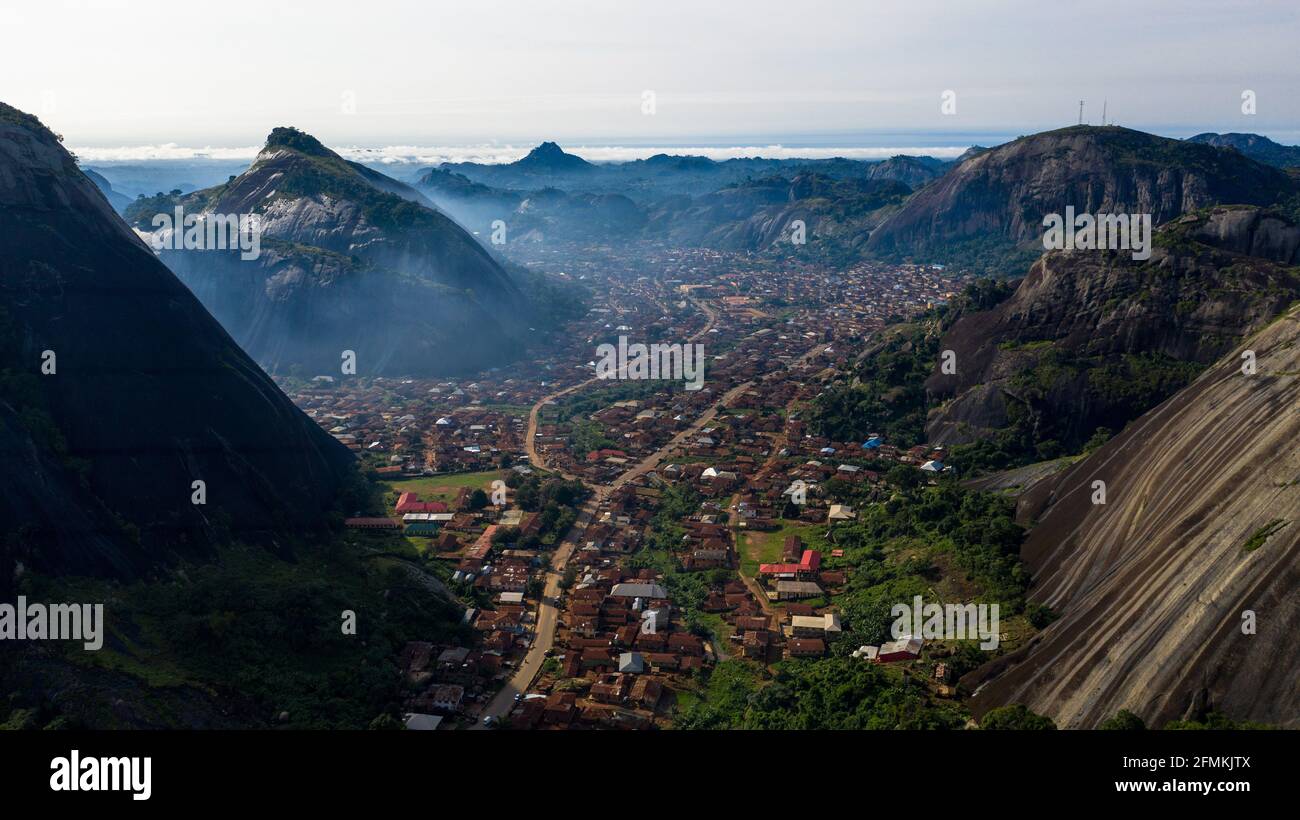 Aerial shot of the beautiful Idanre Town in Ondo State captured in Nigeria Stock Photo