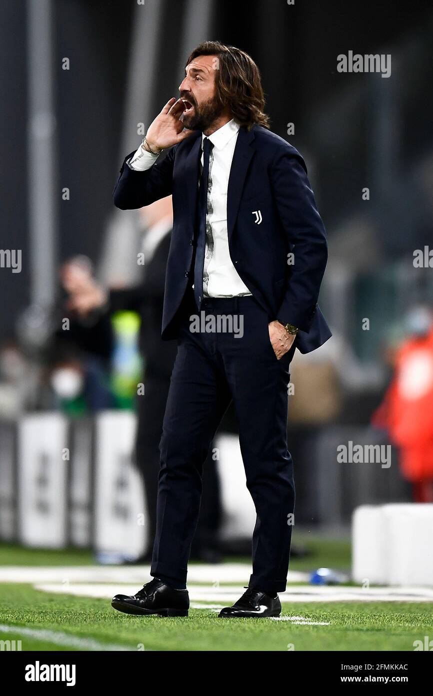 Turin, Italy. 09 May 2021. Andrea Pirlo, head coach of Juventus FC, reacts during the Serie A football match between Juventus FC and AC Milan. AC Milan won 3-0 over Juventus FC. Credit: Nicolò Campo/Alamy Live News Stock Photo