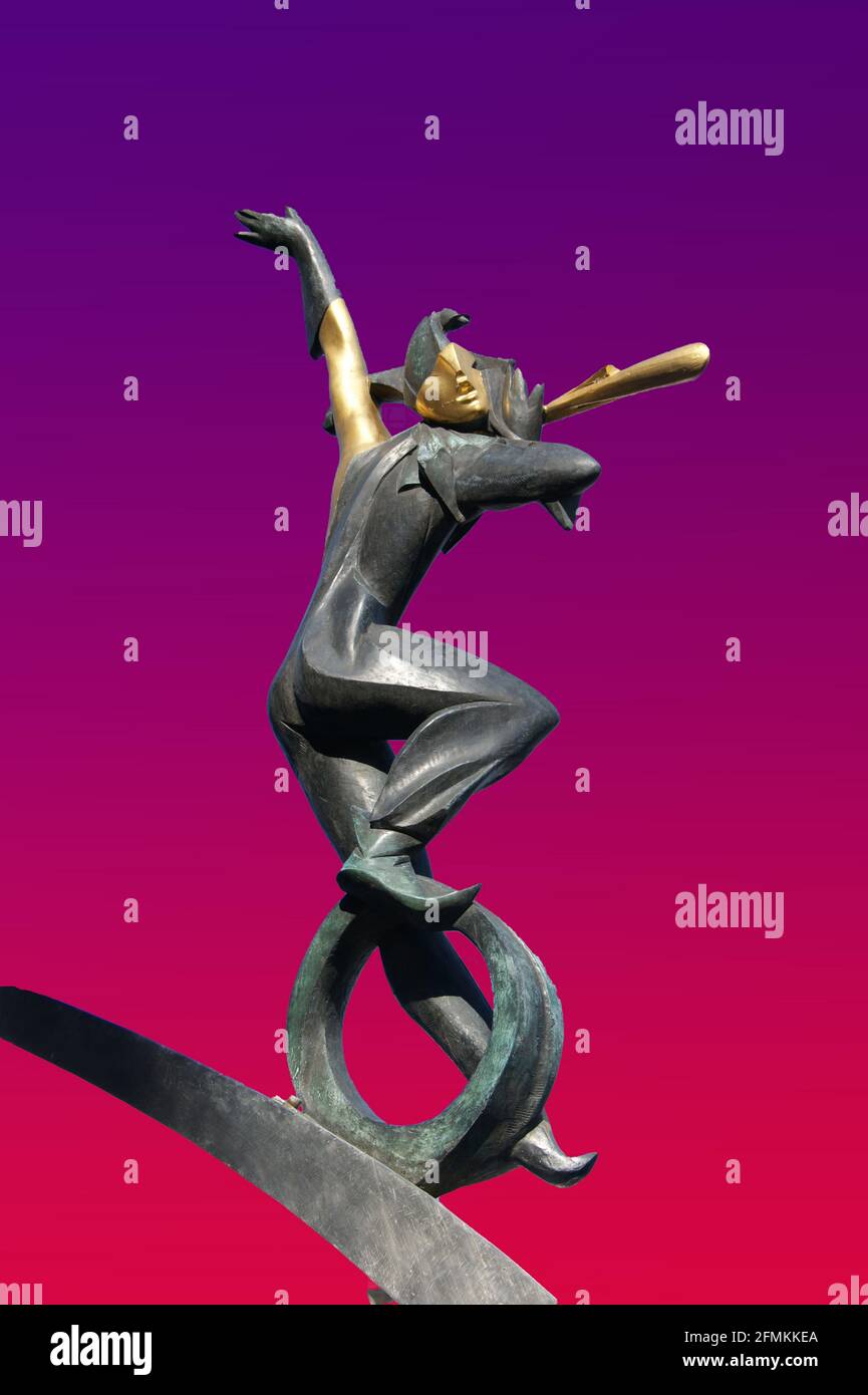 Harlequin,mute character in traditional pantomime, often a clever trickster disguised as an idiot has been played in European theatres and inspired ar Stock Photo