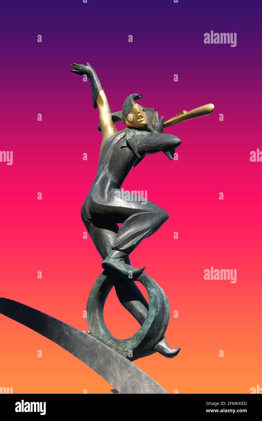 Harlequin,mute character in traditional pantomime, often a clever trickster disguised as an idiot has been played in European theatres and inspired ar Stock Photo