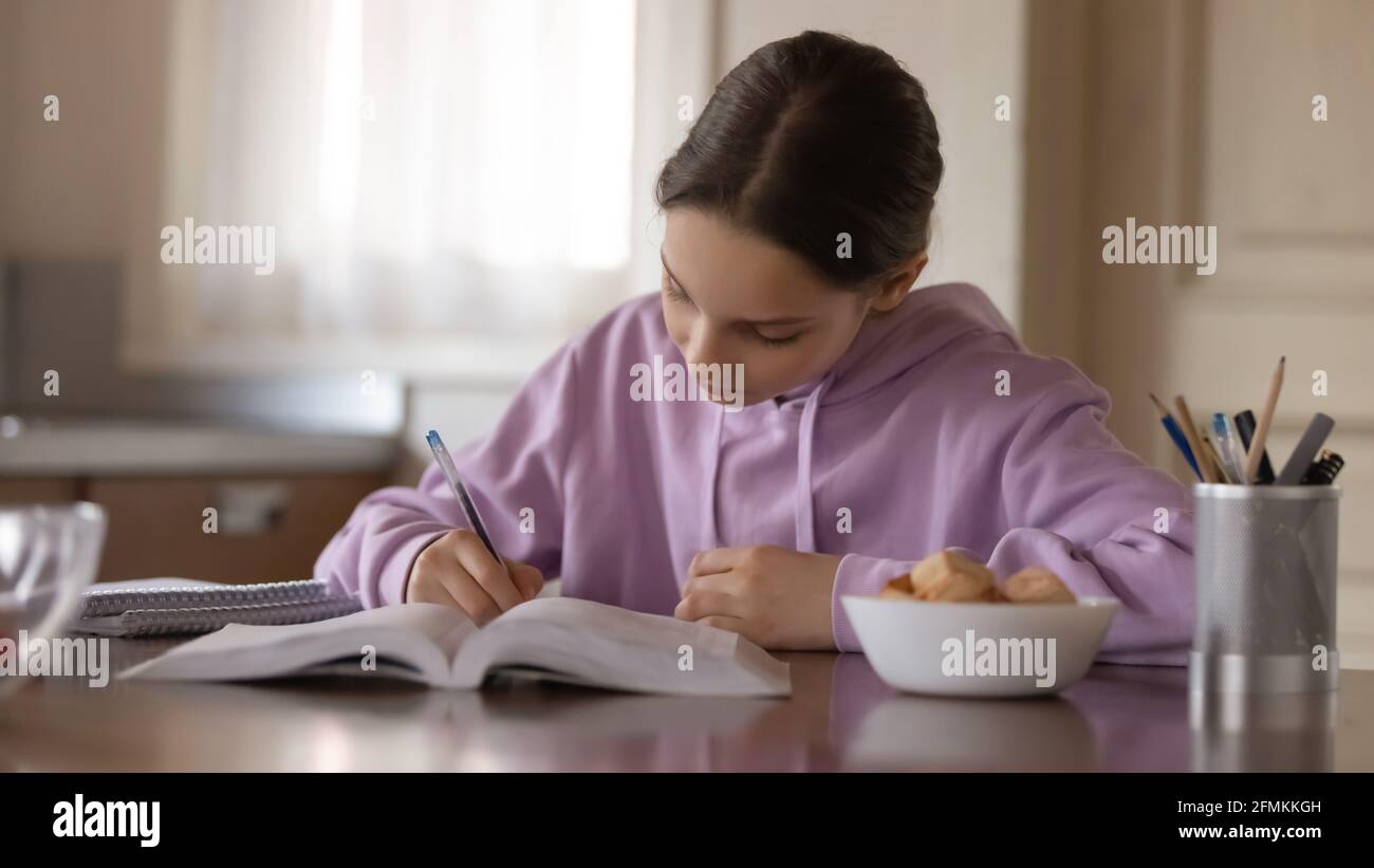 Concentrated young teenage girl studying alone in modern kitchen. Stock Photo
