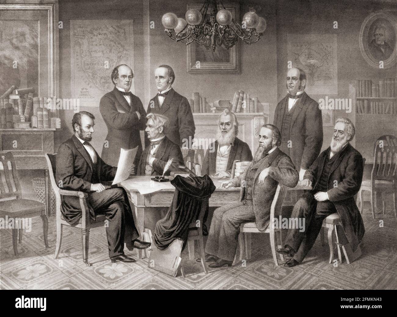 President Lincoln and his cabinet reading the Emancipation Proclamation, also known as Proclamation 95, which was signed by Lincoln on September 22, 1862.  The document provided the legal basis for the freedom of slaves. Stock Photo