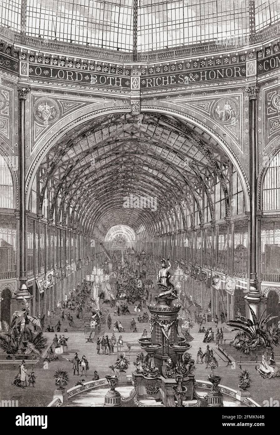 The International Exhibition of 1862, or Great London Exposition, South Kensington, London, England. A persective view of the nave, designed by Captain Francis Fowke of the Royal Engineers. From A Concise History of The International Exhibition of 1862, published 1862. Stock Photo