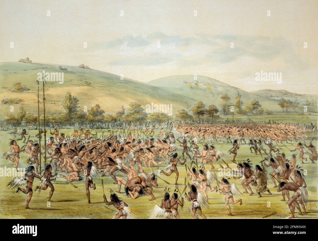 Native Americans playing a ball game similar to lacrosse, near Fort Gibson, Oklahoma.  After a work by American artist George Catlin, 1796 - 1872, who specialized in paintings of Native Americans. Stock Photo