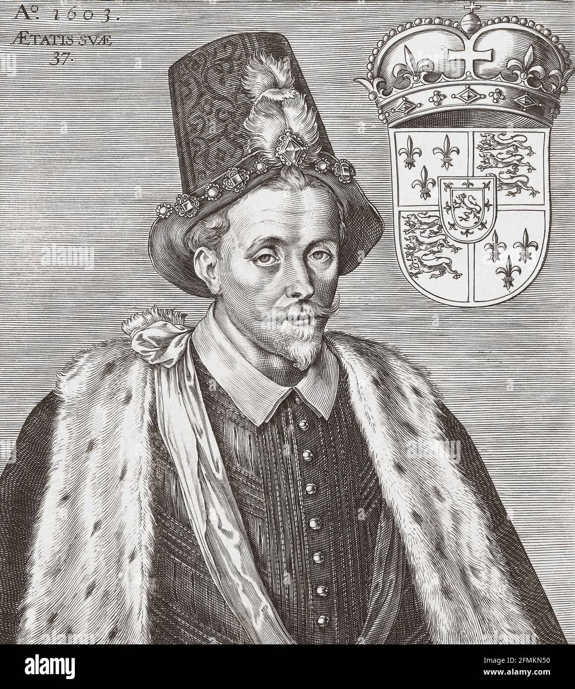 James VI and I, 1566 – 1625. King of Scotland as James VI from 24 July 1567 and King of England and Ireland as James I from 24 March 1603 - 1625.  After an early 17th century engraving. Stock Photo