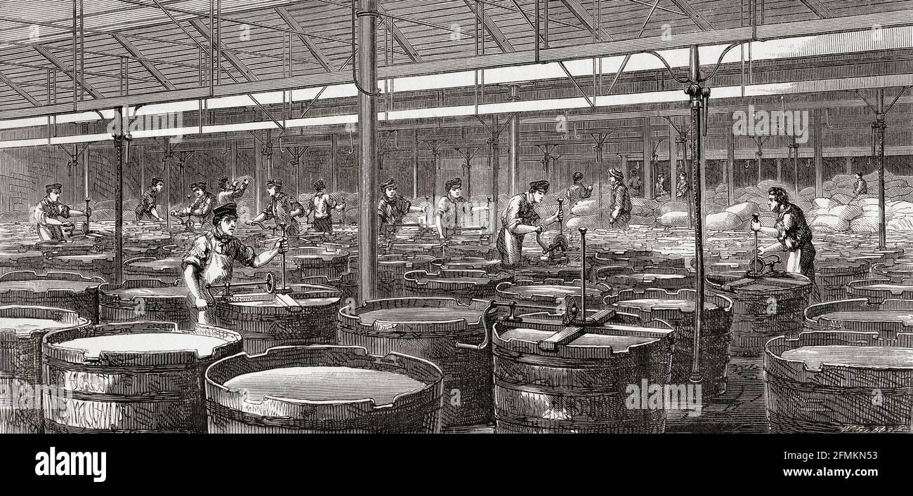 The Glenfield Starch Works, Paisley, Scotland, partial view of the bleaching department. The starch, manufactured by William Wotherspoon, made entirely from sago flour was used in the royal laundry.  From A Concise History of The International Exhibition of 1862, published 1862. Stock Photo