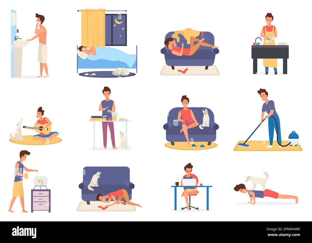 Busy man everyday lifestyle vector illustration set. Cartoon morning afternoon evening and night home life activity of young male character, guy using phone, laptop for communication and work, cooking Stock Vector