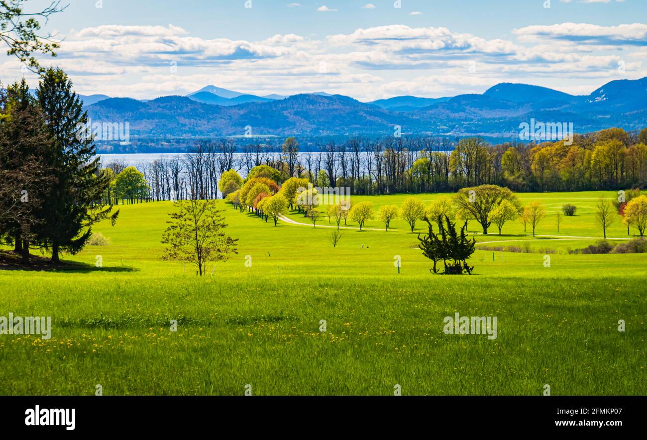 spring time view of Lake Champlain in Vermont and the Adirondack Mountains in New York Stock Photo