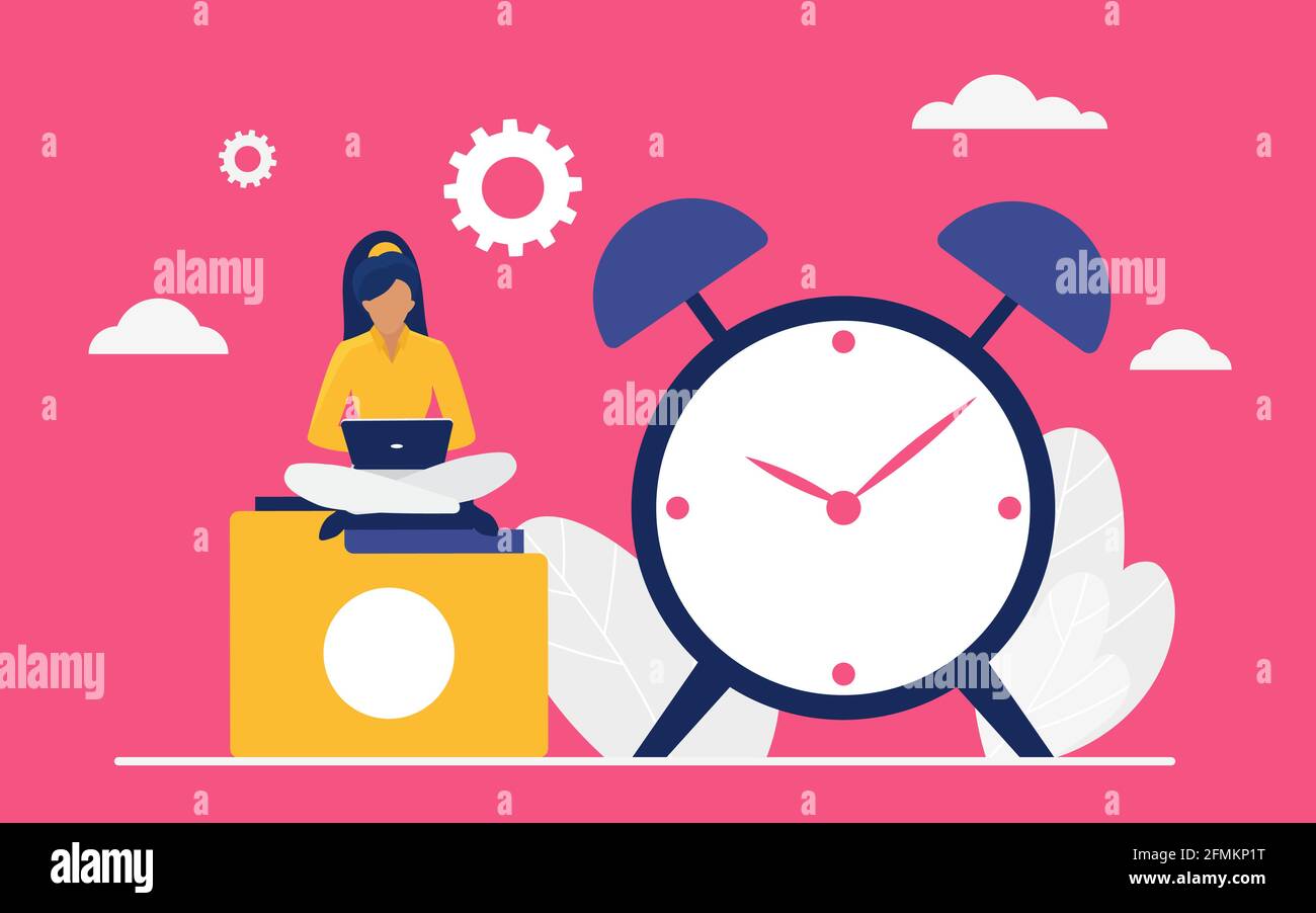 Time management work concept vector illustration. Cartoon tiny woman business office worker or manager character working with laptop, businesswoman sitting next to big deadline alarm clock background Stock Vector