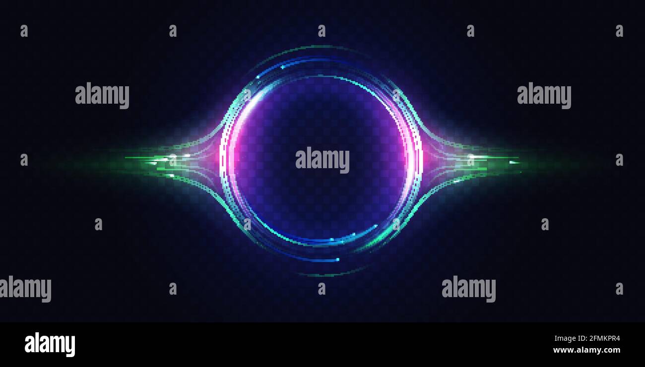 Neon luminous circle, light effect vector illustration. Glow of circular round element, abstract radial motion lines, swirl flare, particles and bright energy rays on dark transparent background Stock Vector