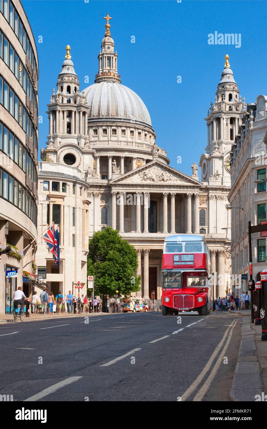 St. Paul's Cathedral with old red bus, London Stock Photo