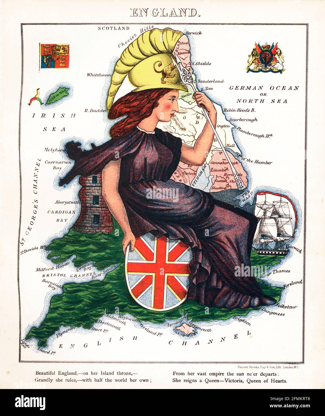 England – geographical fun. Illustrated satirical / cartographic map. Published in London by the firm of Hodder and Stoughton in 1869. Stock Photo