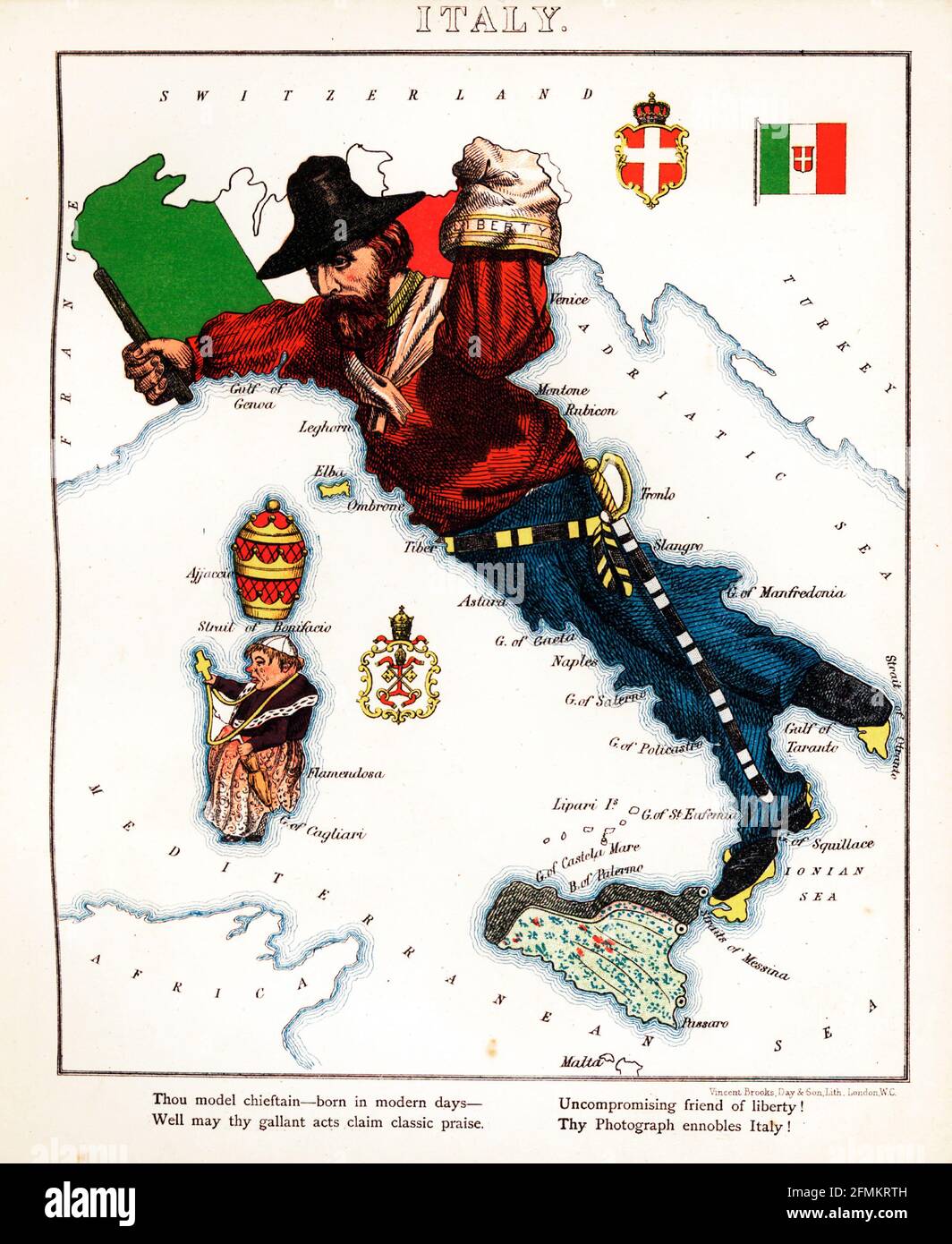 Italy – geographical fun. Illustrated satirical / cartographic map. Published in London by the firm of Hodder and Stoughton in 1869. Stock Photo