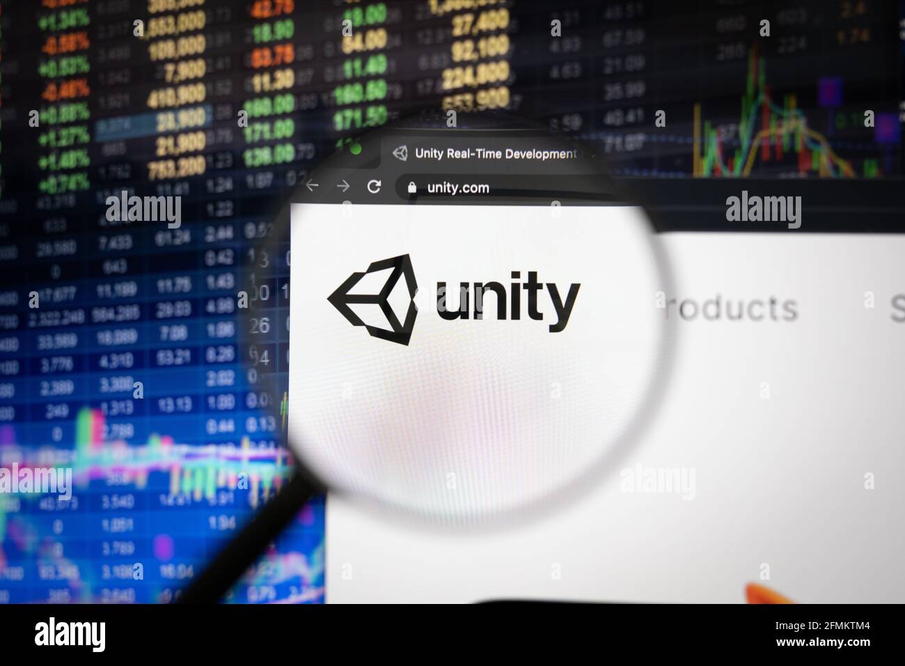 Unity company logo on a website with blurry stock market developments in  the background, seen on a computer screen through a magnifying glass Stock  Photo - Alamy