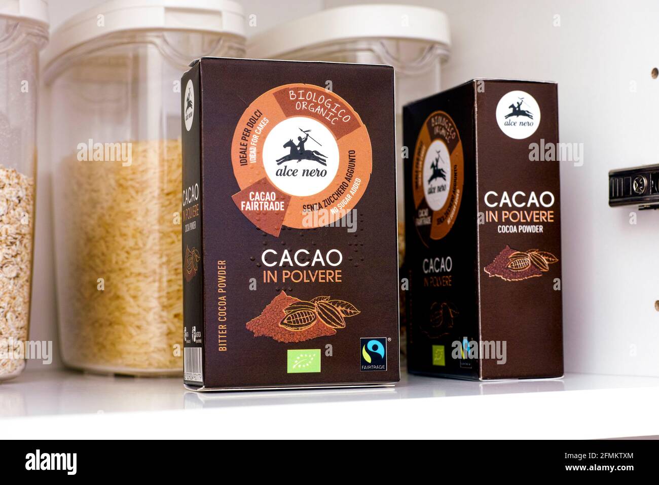 Tambov, Russian Federation - March 19, 2021 Organic Bitter Cocoa Powder pack by Alce Nero in a kitchen cupboard Stock Photo