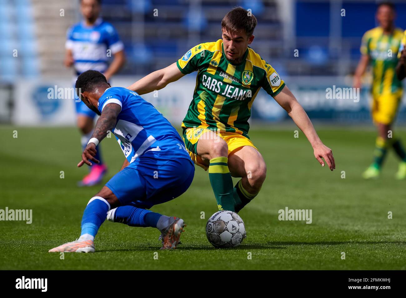 ZWOLLE, NETHERLANDS - MAY 9: Kenneth Paal of PEC Zwolle and Amar Catic of ADO Den Haag during the Dutch Eredivisie match between PEC Zwolle and ADO De Stock Photo