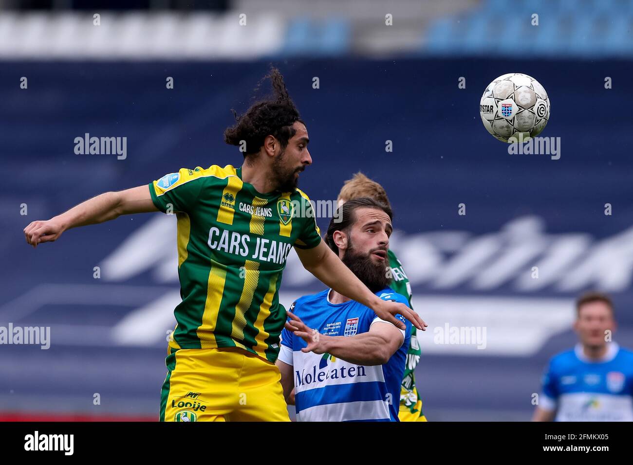 ZWOLLE, NETHERLANDS - MAY 9: Youness Mokhtar of ADO Den Haag and Destan Bajselmani of PEC Zwolle during the Dutch Eredivisie match between PEC Zwolle Stock Photo