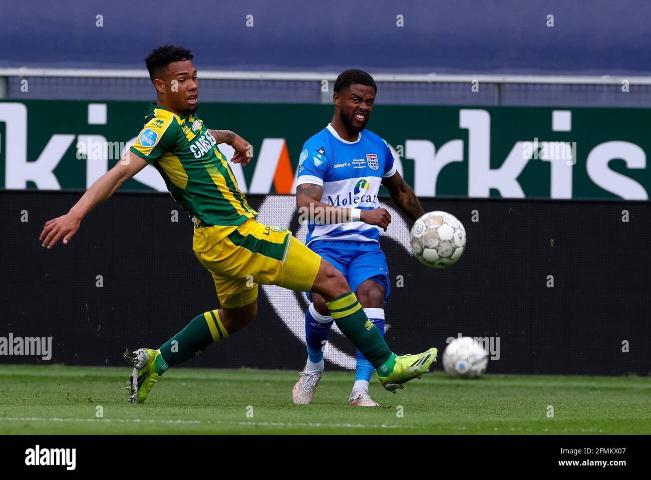ZWOLLE, NETHERLANDS - MAY 9: Milan van Ewijk of ADO Den Haag and Kenneth Paal of PEC Zwolle during the Dutch Eredivisie match between PEC Zwolle and A Stock Photo