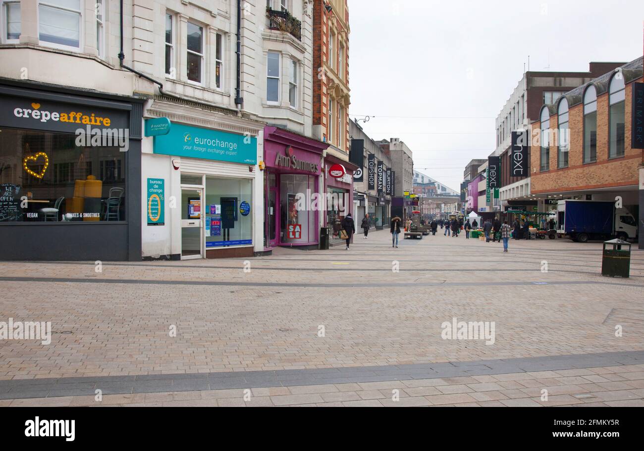 England retail economy. The High Street, Bromley, Kent, UK. with stores including CrepeAffaire, Eurochange, Anne Summers, Next., JD Sports and the now Stock Photo