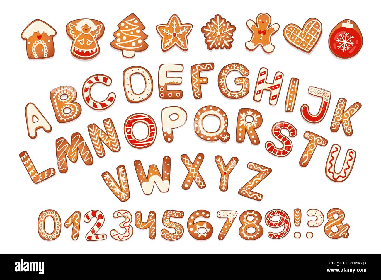 Christmas gingerbread cookies alphabet with figures. Biscuit letters ...