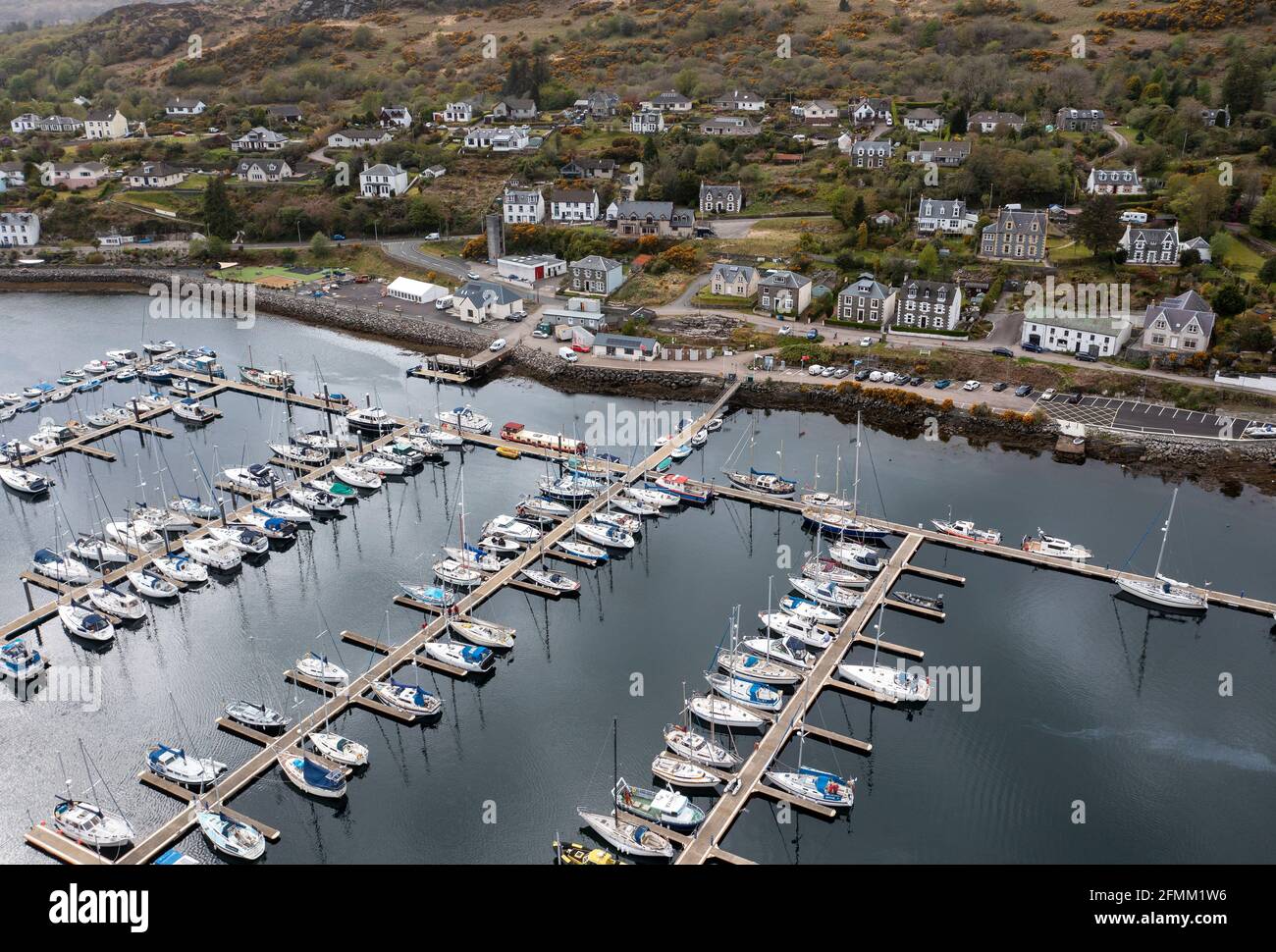 Aerial view of Tarbert harbour, Kintyre peninsula, Argyll, Scotland