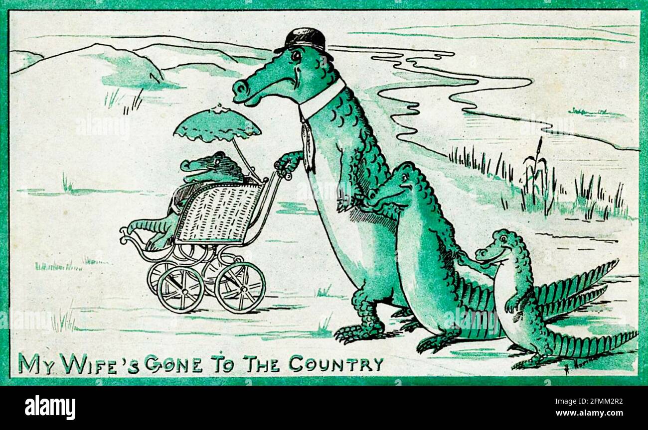 Hans Horina artwork entitled My Wife's Gone to the Country. Mr Crocodile left with the kids and out for a stroll in the park. Stock Photo