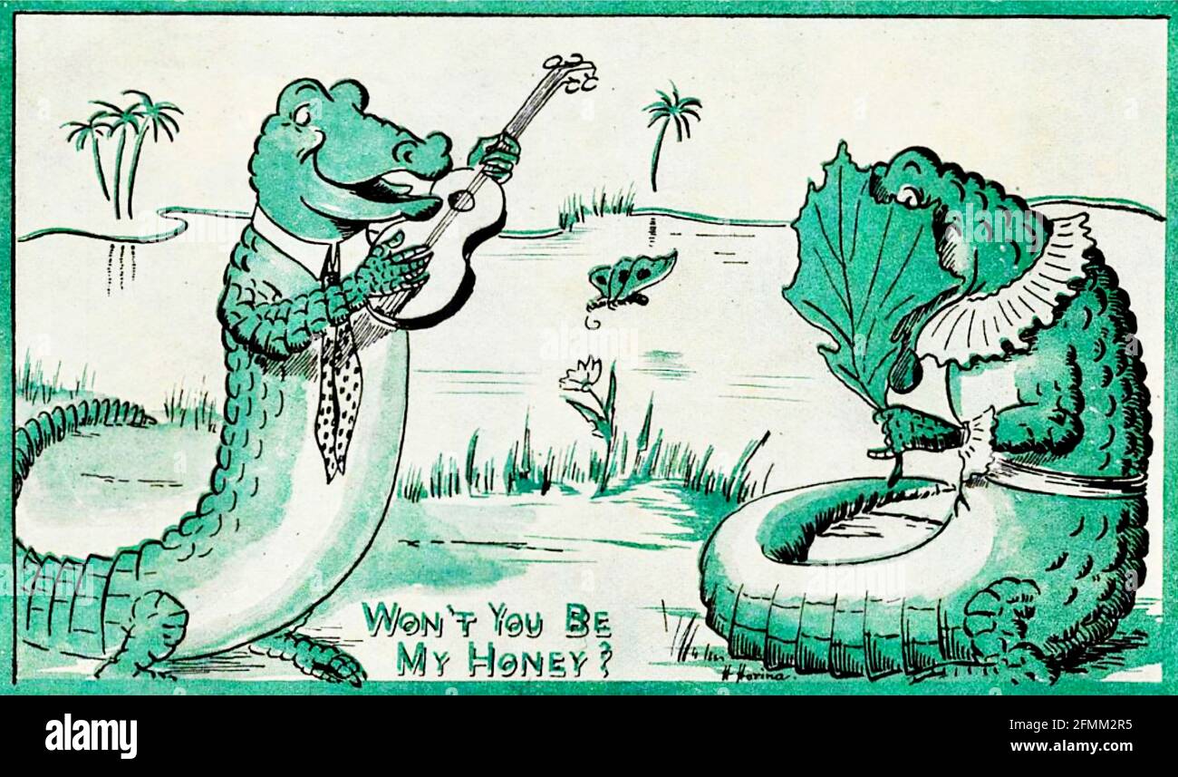 Hans Horina artwork entitled Won't You Be My Honey. A crocodile serenades his lady friend with guitar in hand. A valentine lullaby perhaps. Stock Photo