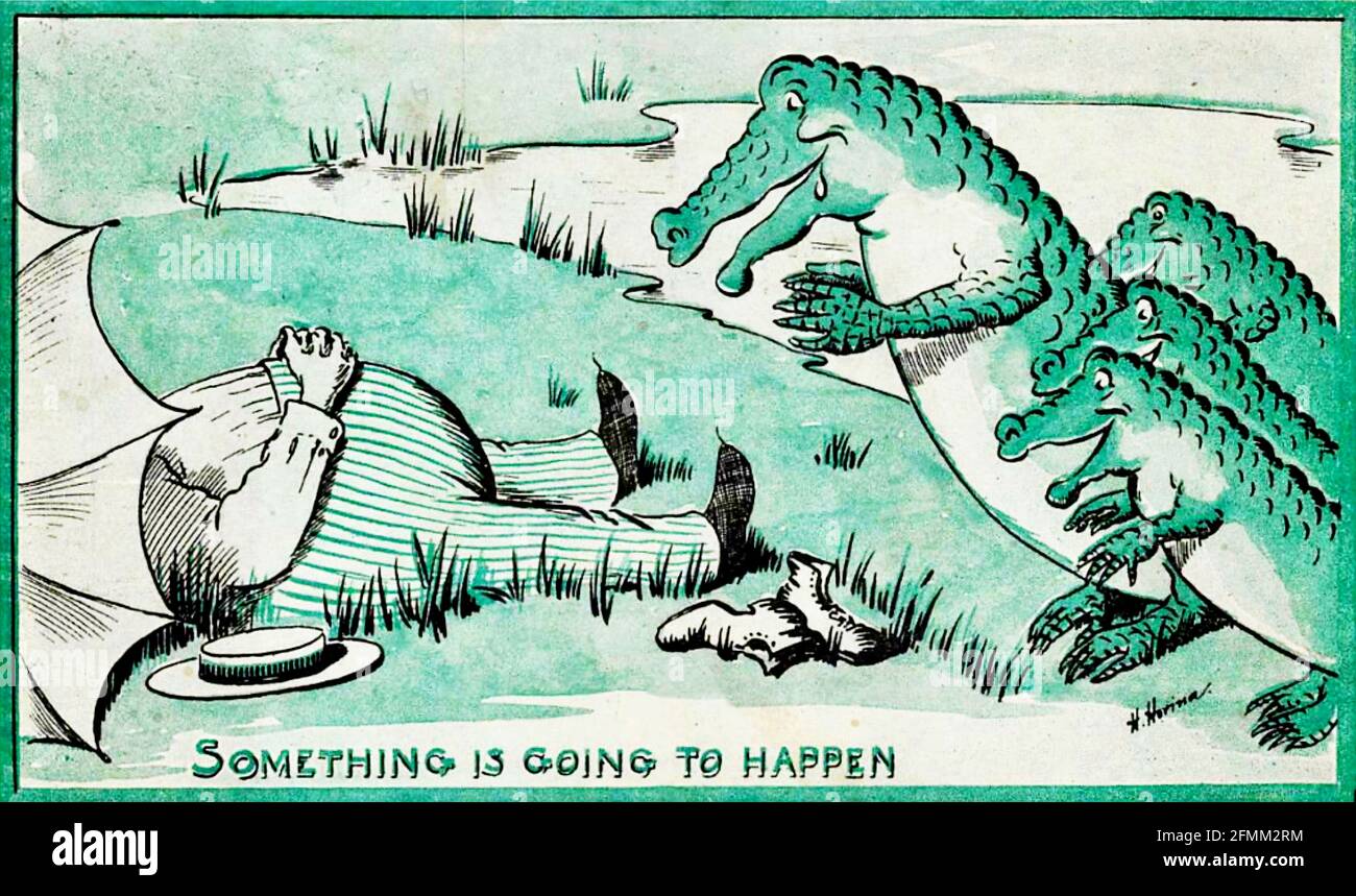 Hans Horina artwork entitled Something is Going to Happen - The happening being the crocodiles anticipating and enjoying lunch. Stock Photo