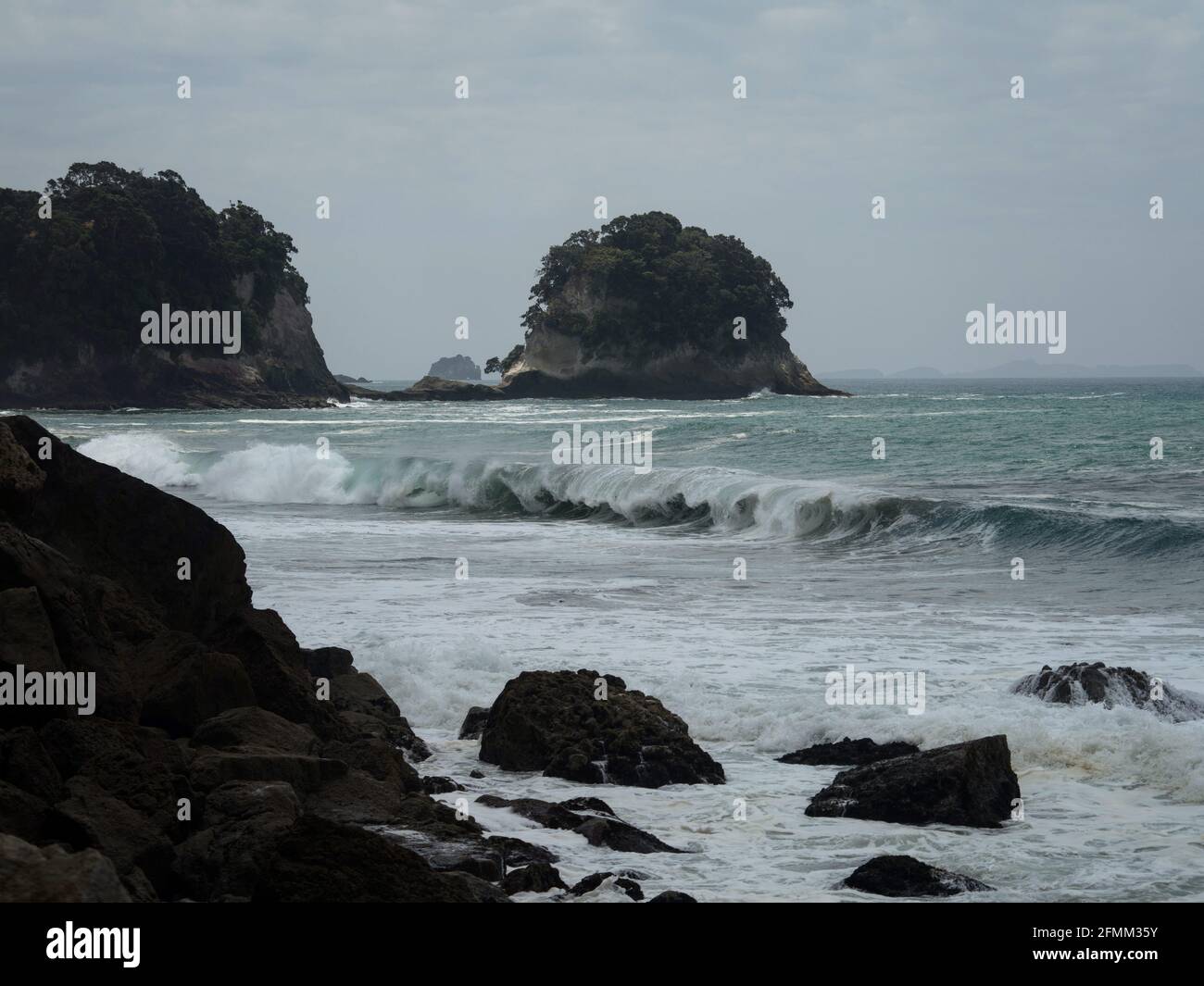 Pacific ocean sea coast shore rock formations at Whiritoa sand beach in ...