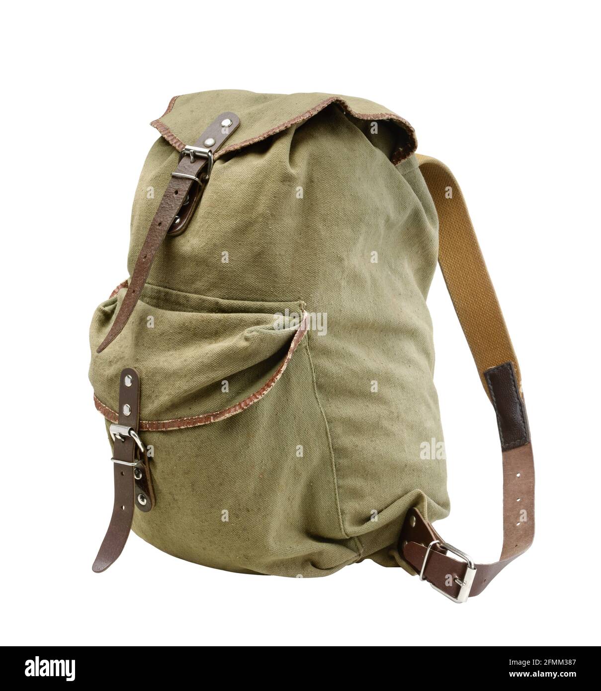 Small old military canvas backpack isolated on white. Side view Stock ...