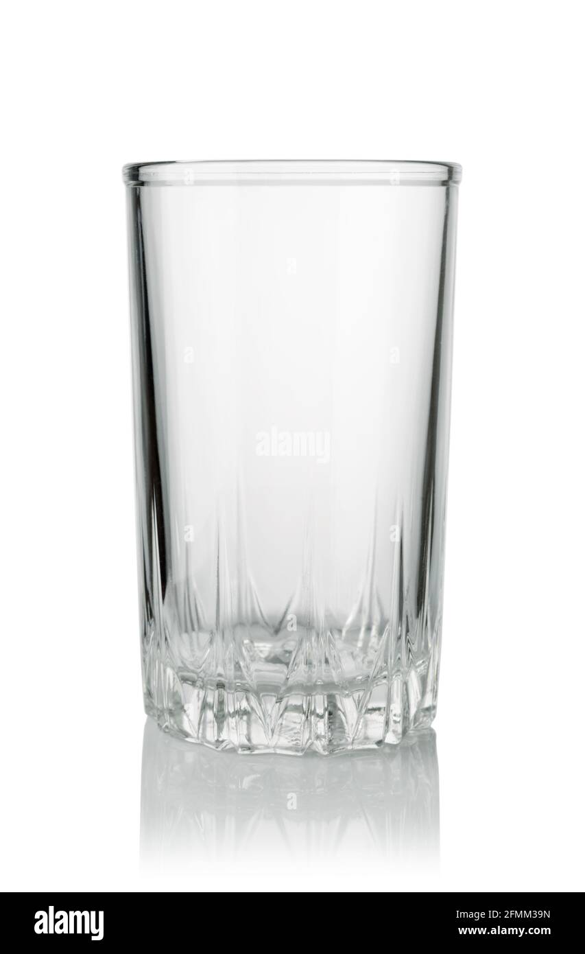 Empty transparent tall drink glass isolated on white. Front view. Stock Photo